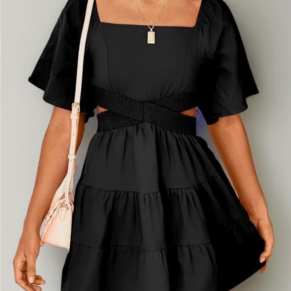 Shy Velvet Black Flutter Sleeve Cutout Mini Dress‎ Women's Small Boho Tiered
